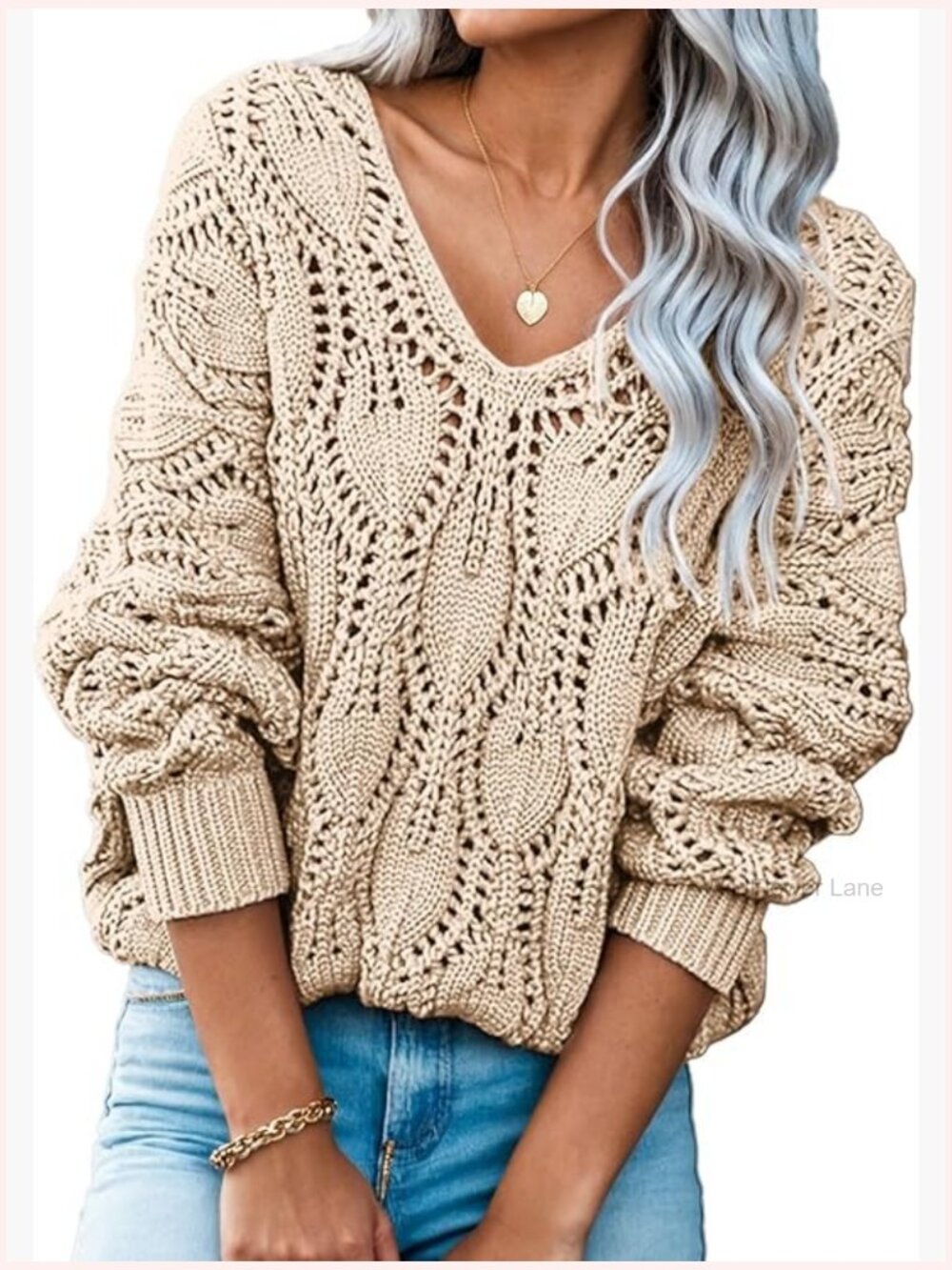 V Neck Crochet Hollow Out Pullover Sweater Fall Winter Loose Fit